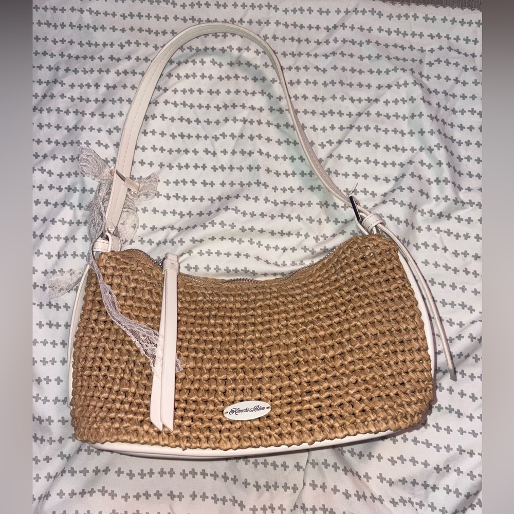 Kimchi Blue Straw Shoulder Bag – Woven Raffia Purse, Ivory Strap